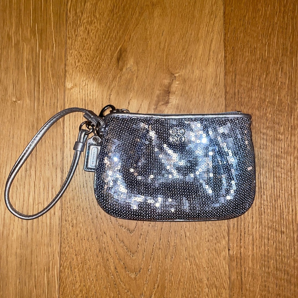 COACH Silver Sequin Wristlet Bag